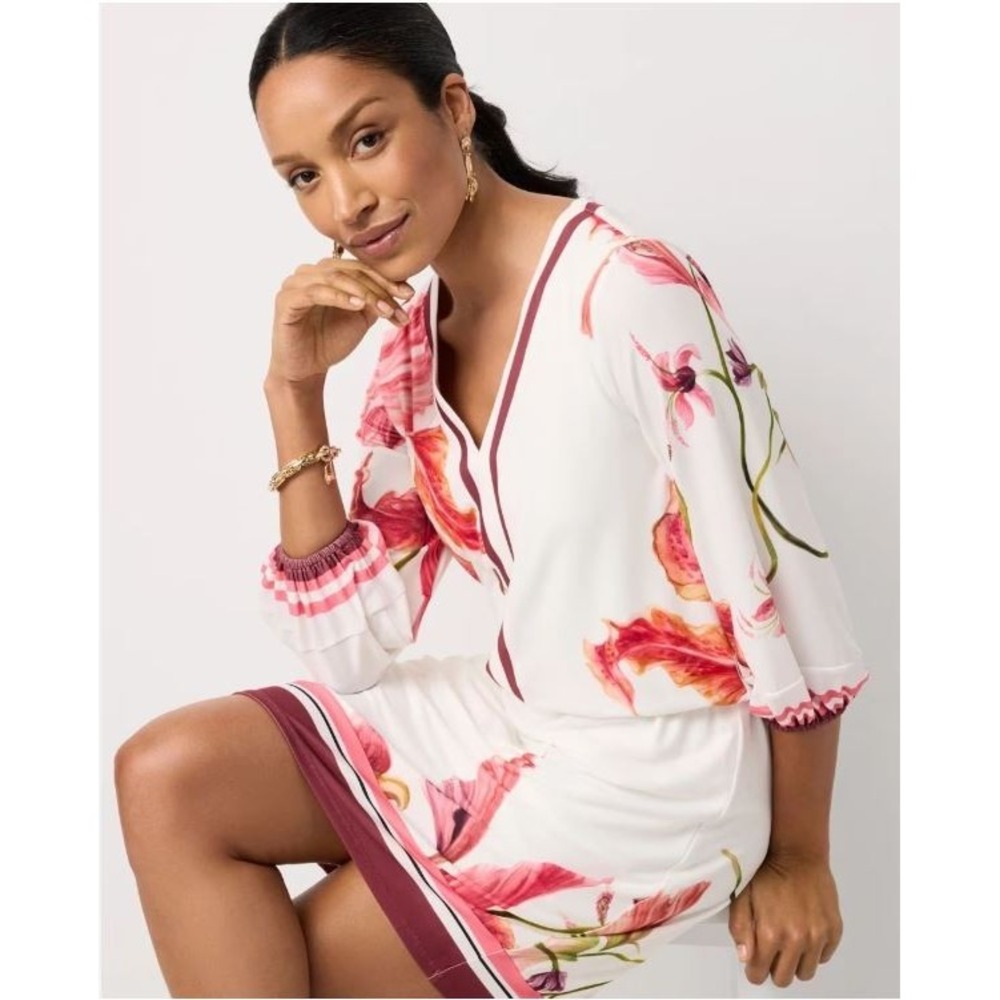 White House Black Market WHBM Floral V-Neck Tie Waist Mini Dress Red White S - Picture 3 of 13
